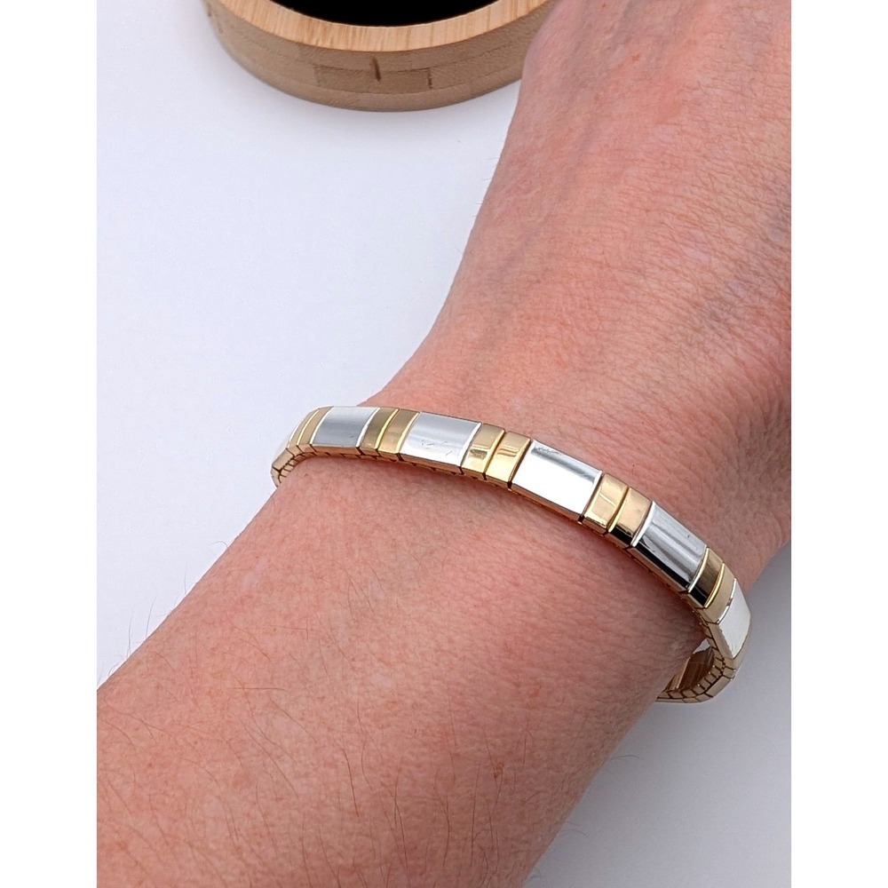 Two Tone Gold Silver Stretch Bracelet Geometric Rectangular Link Minimalist